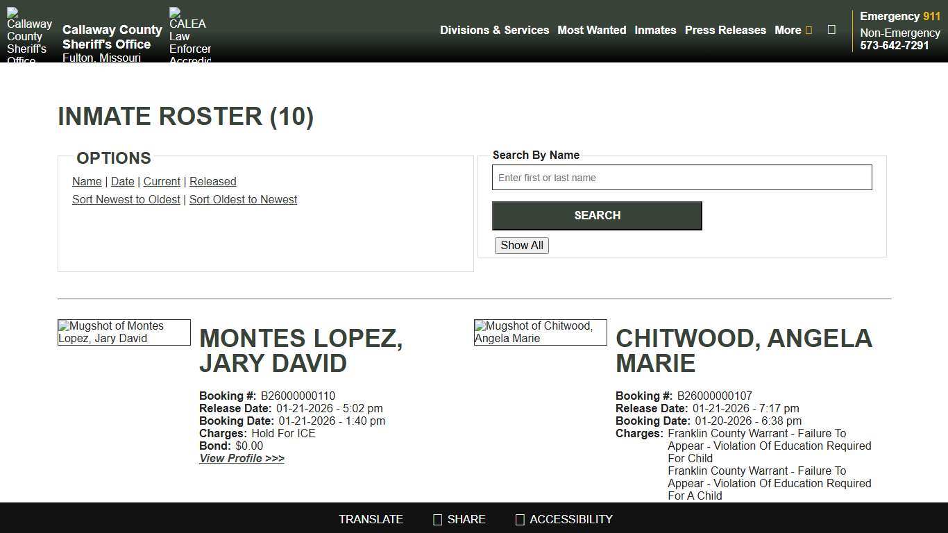 Inmate Roster - Page 1 Released Inmates Booking Date Ascending - Callaway County Sheriff's Office, Missouri